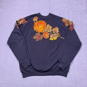 Vintage Tultex Womens XLarge Navy Floral Leaf Print Sweatshirt‎ Made in USA
